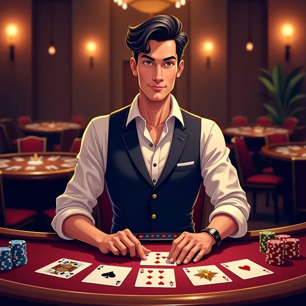 Cartoon live dealer casino table with neon lights